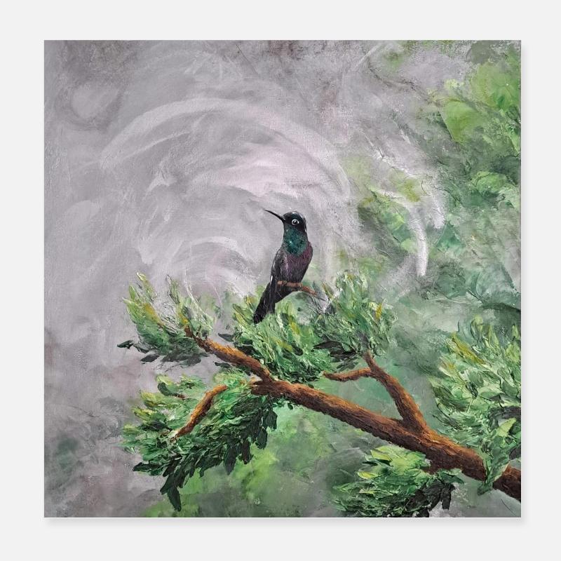 Colibri perché sur une branche feuillue Poster 20 x 20 cm