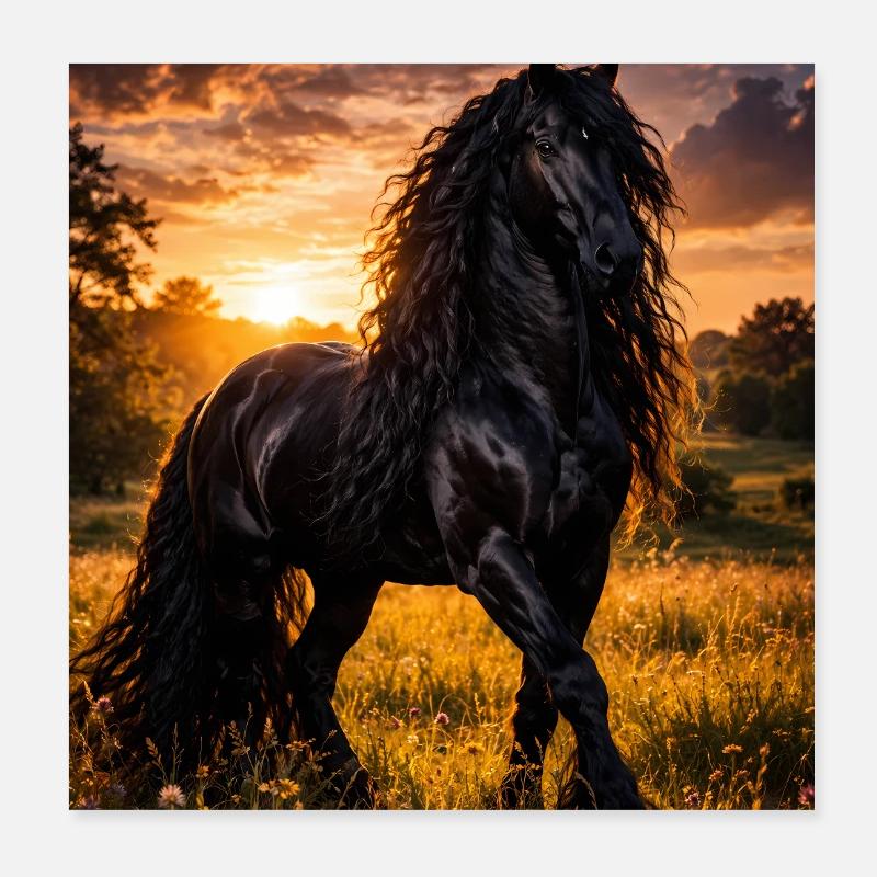Abendlicht Schwarzpferd Poster 20x20 cm