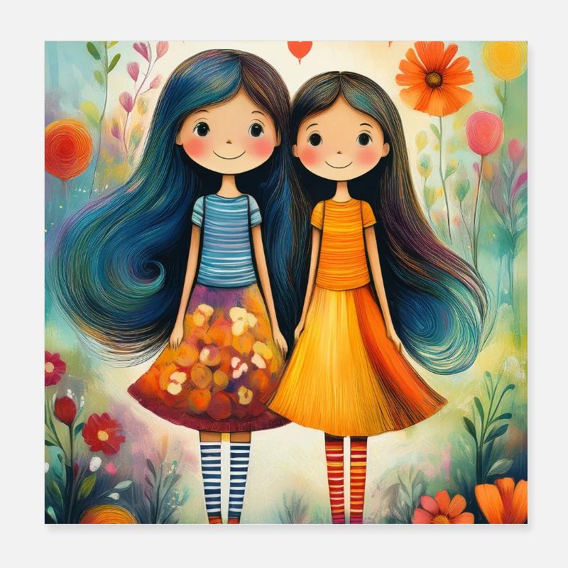 Fillettes Souriantes Décor Fleuri Poster 20 x 20 cm