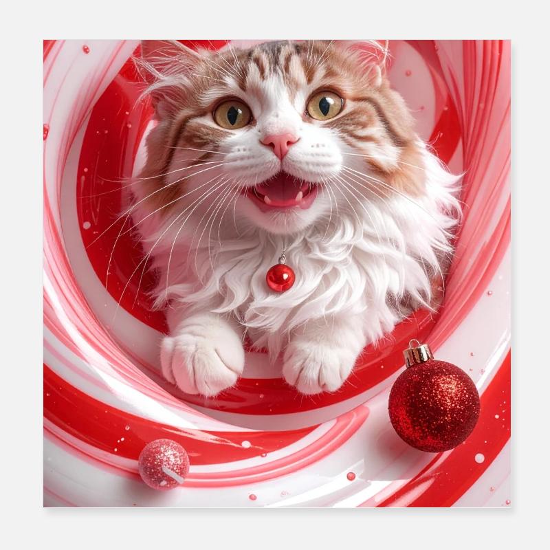 Chat de Noël dans un tourbillon de menthe poivrée rouge Poster 20 x 20 cm