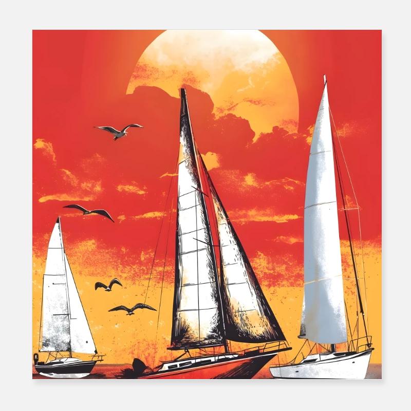 Coucher de soleil avec voilier Poster 20 x 20 cm