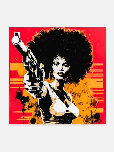 Femme Afro Urban Art Print avec revolver - Poster 20 x 20 cm - blanc - Devant