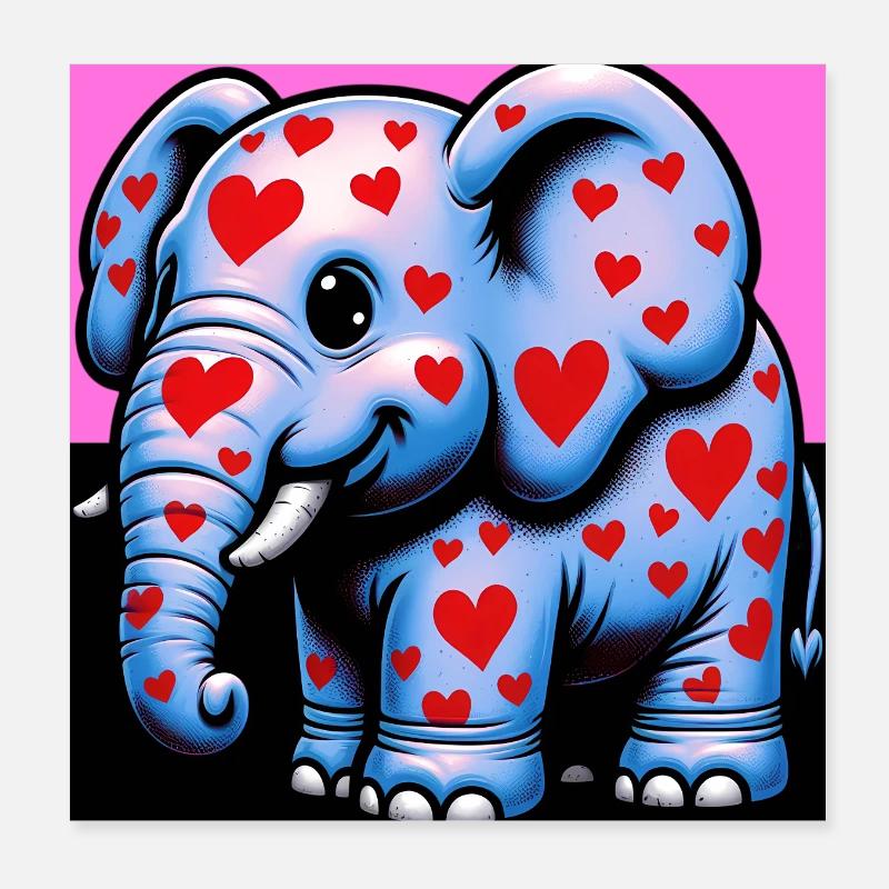 Elephant with Heart and Hearts Poster 8" x 8" (20x20 cm)