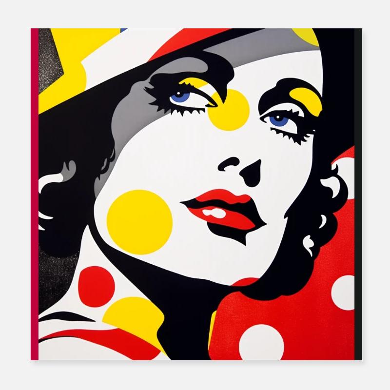 Women with Hat Pop Art Portrait with Dots Poster 8" x 8" (20x20 cm)