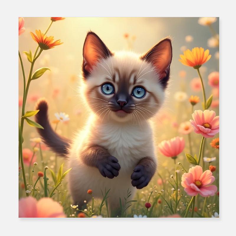 Süßes Siamkätzchen in einer Blumenwiese Poster 20x20 cm