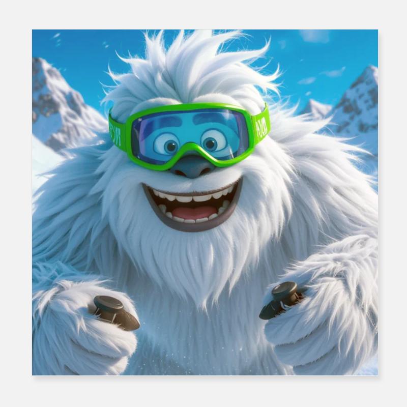 Un Yéti géant skie joyeusement avec des lunettes vertes Poster 20 x 20 cm