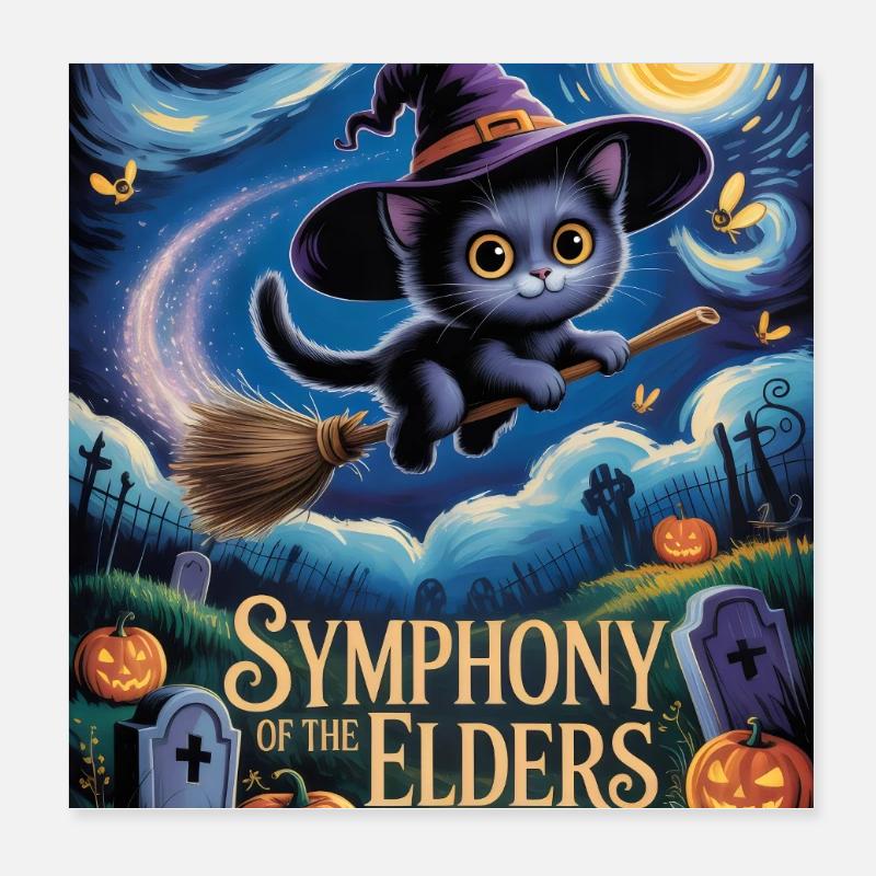 Witch Kitten Flying Over Halloween Graveyard Poster 8" x 8" (20x20 cm)