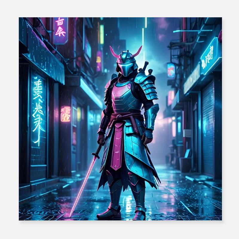 Neon-Samurai der Nacht Poster 20x20 cm