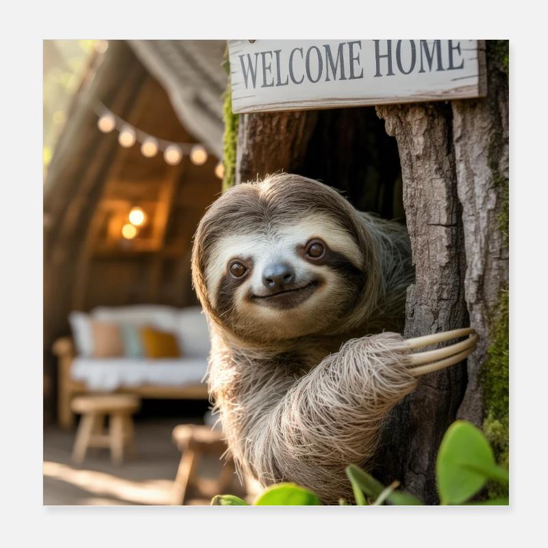 Welcome Home Sloth in Treehouse Poster 8" x 8" (20x20 cm)