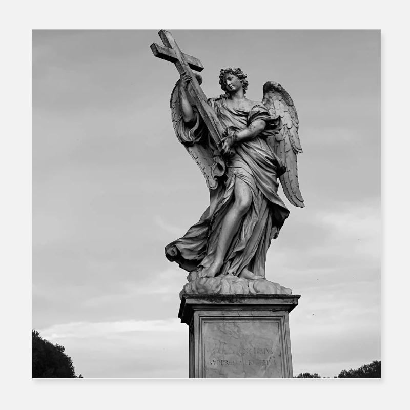 Engelstatue mit Kreuz in Grau Poster 20x20 cm