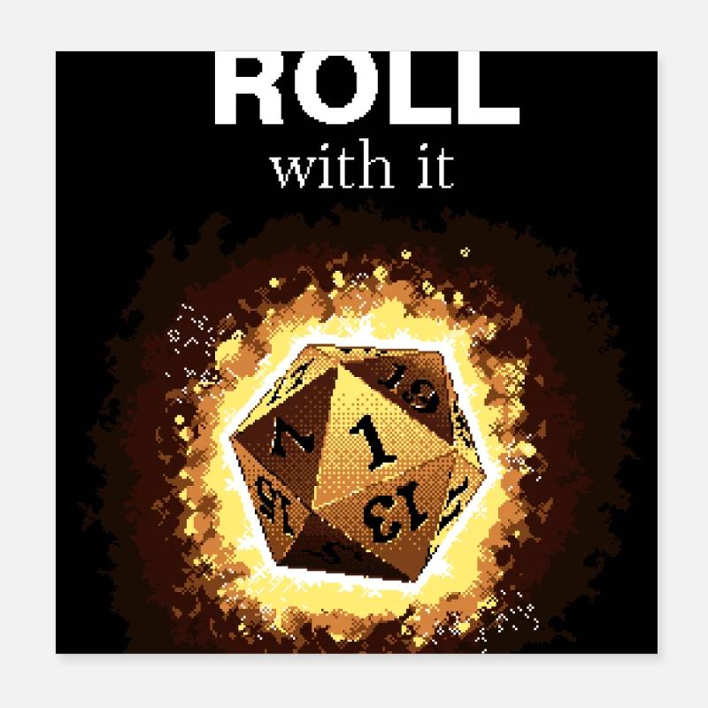 Just Roll With It Retro D20 Gold Dice Poster 20x20 cm
