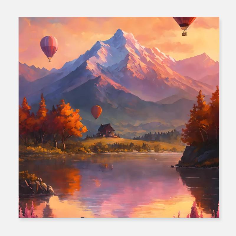 Ballonfahrt  am Bergsee bei Abendrot Poster 20x20 cm