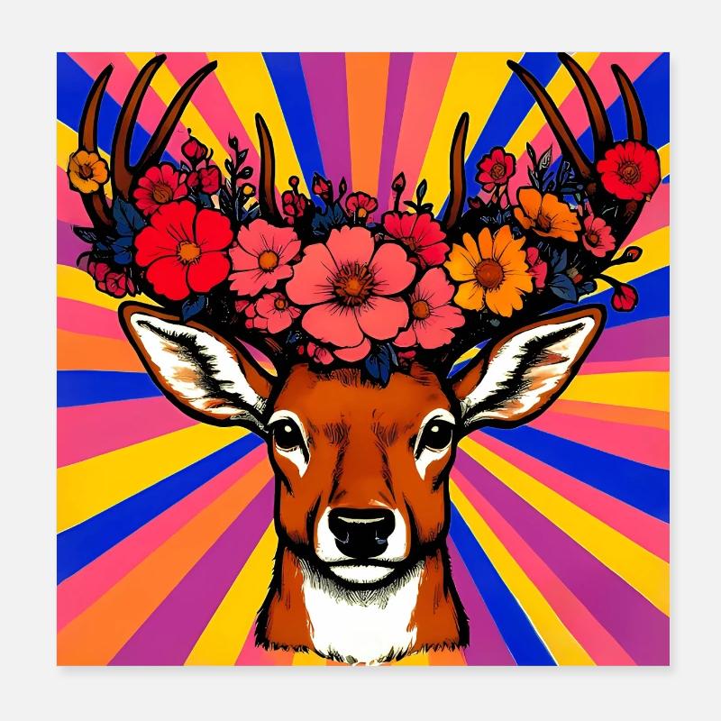 Hirsch mit Blumen Poster 20x20 cm