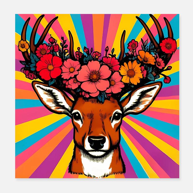 Hirsch mit Blumen Poster 20x20 cm