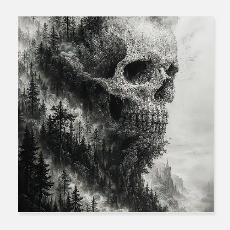 Illustration d'un crâne dans une forêt étrange Poster 20 x 20 cm