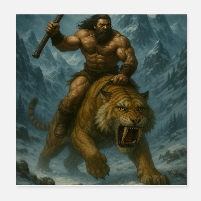Wild Warrior on Sabertooth Tiger – Art Poster 8" x 8" (20x20 cm)