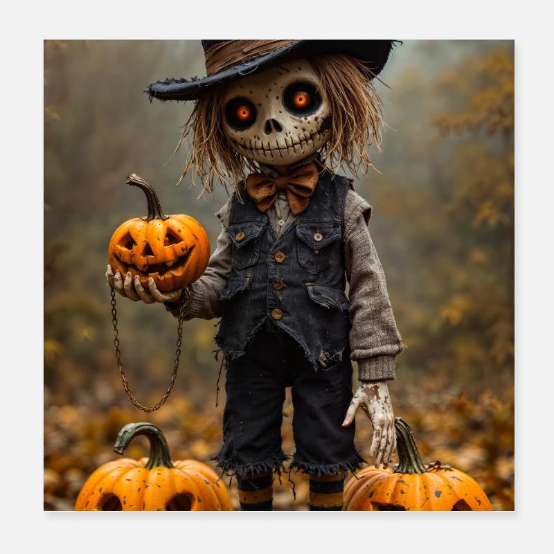 Haunted Scarecrow with Jack-O-Lanterns Poster 8" x 8" (20x20 cm)