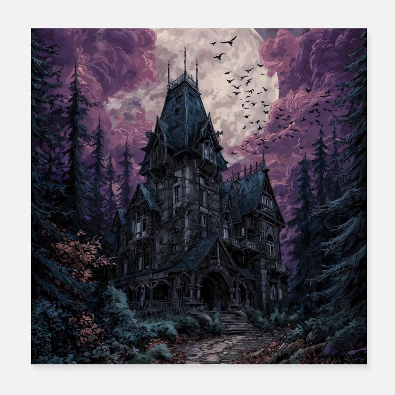 Moonlit Haunting Mansion Poster 8" x 8" (20x20 cm)