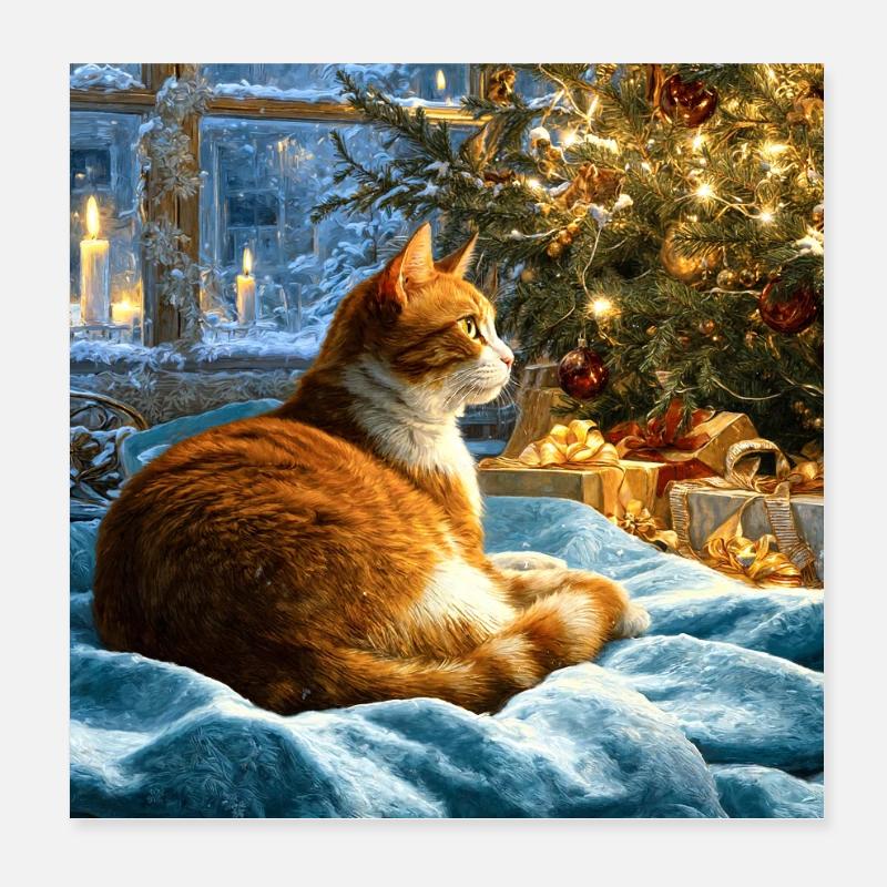 Chat de Noël confortable par arbre Poster 20 x 20 cm