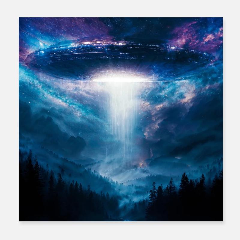 UFO-Strahl über Mitternachtswald Poster 20x20 cm