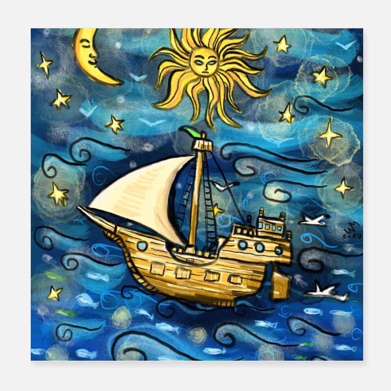 Navire dans l’océan étoilé Poster 20 x 20 cm