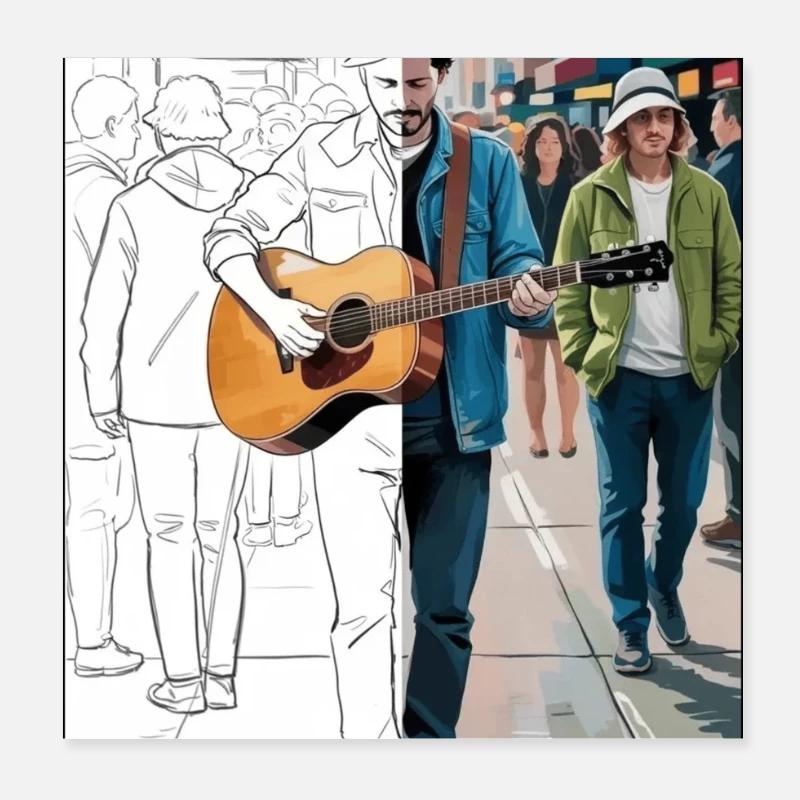 Musiciens de rue dans le style urbain Poster 20 x 20 cm