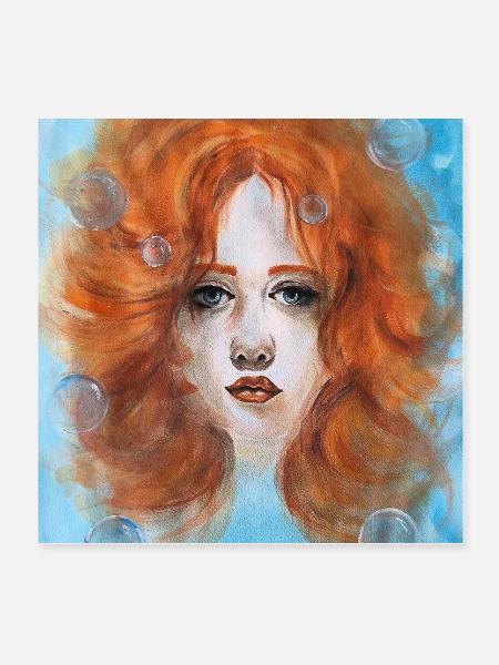 Femme Rousse Portrait Sirène Avec Bulles - Poster 20 x 20 cm - blanc - Devant