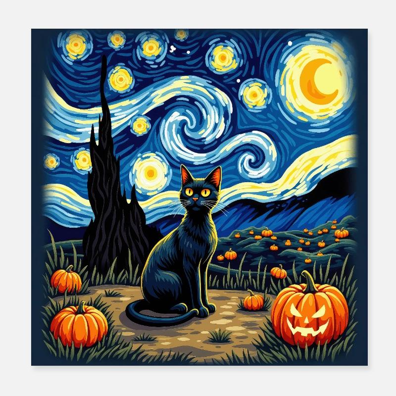 Chat d’Halloween – Style Van Gogh avec citrouilles Poster 20 x 20 cm