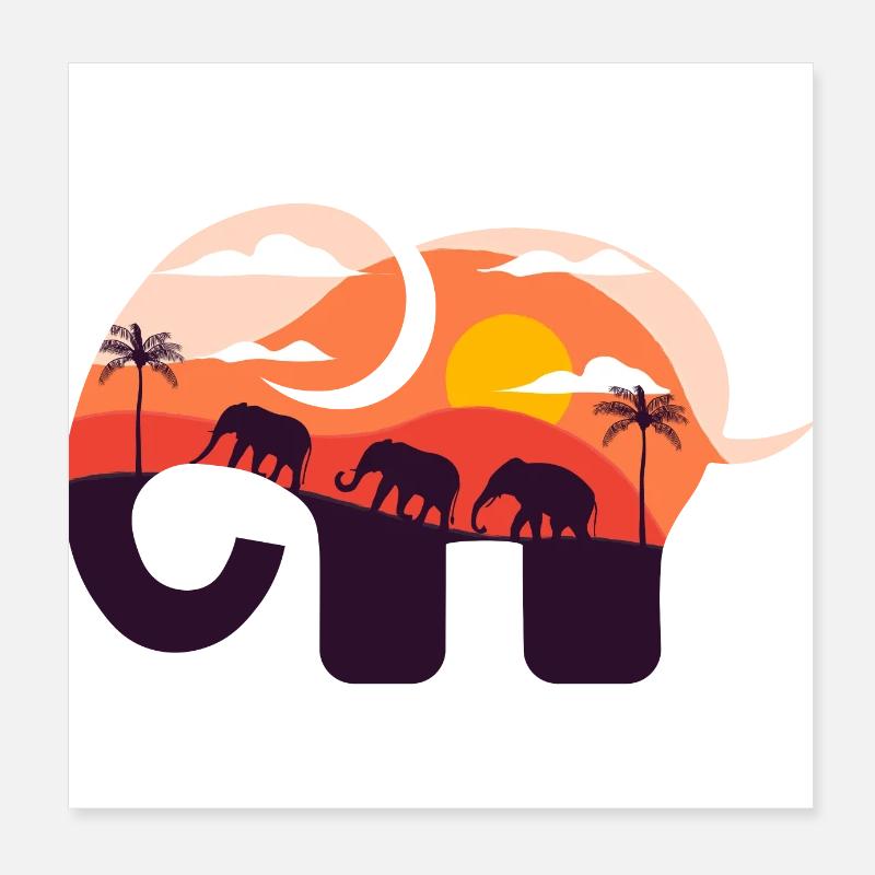Elephant savannah sunset Poster 8" x 8" (20x20 cm)