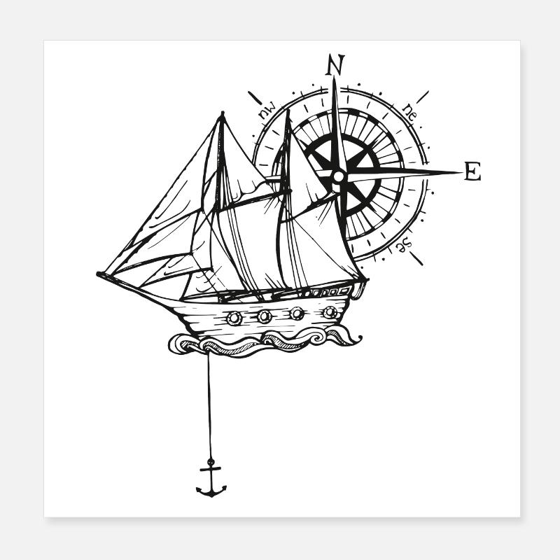 Schiff mit Kompass und Anker Poster 20x20 cm