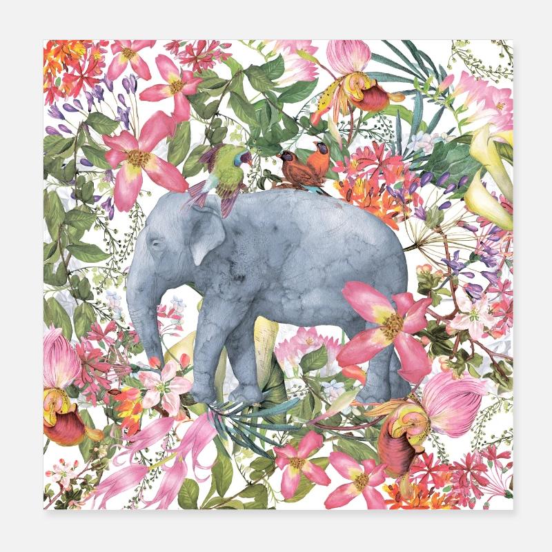 Elefant im Blumen Dschungel - Poster 20x20 cm - Weiß
