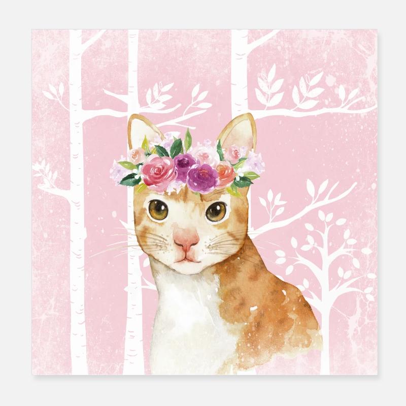 Wald Freunde im Rosa Märchenwald - Die Katze - Poster 20x20 cm - Weiß