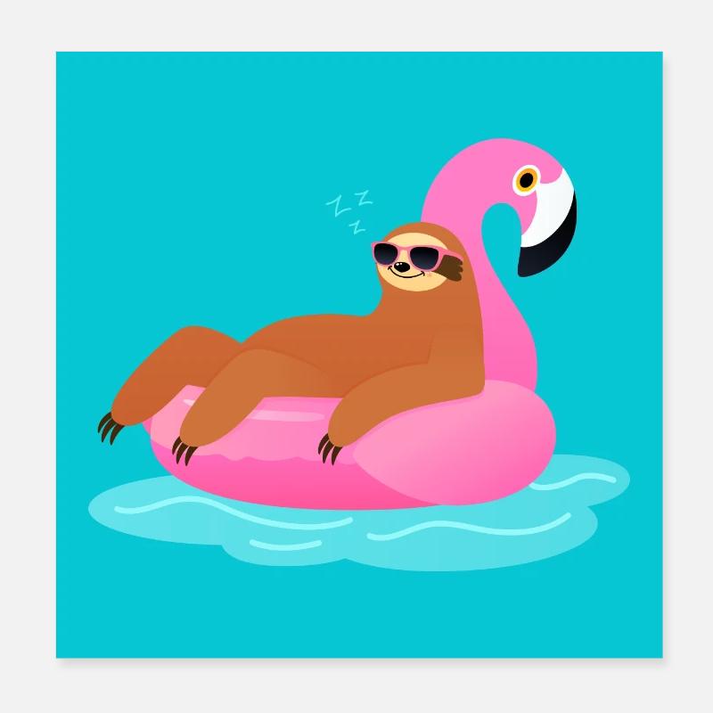 Faultier Mit Flamingo Pool Float - Poster 20x20 cm - Weiß