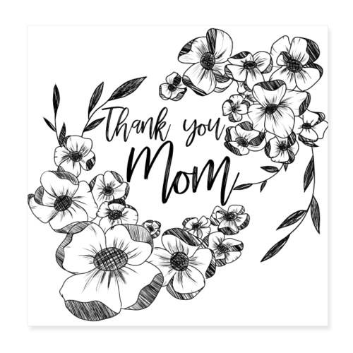 Grazie mamma, con doodle di fiori d'inchiostro - Poster 20x20 cm