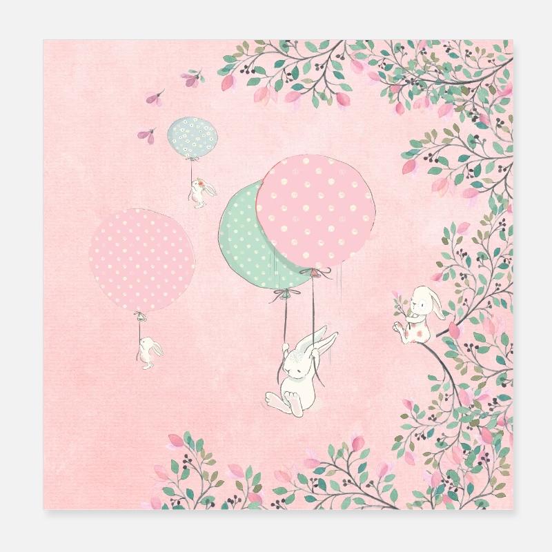 Amis de la forêt dans la forêt de fleurs roses - Les lapins Poster 20 x 20 cm