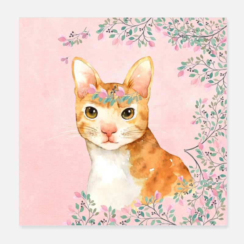 Amis de la forêt dans la forêt de fleurs roses - Le chat Poster 20 x 20 cm