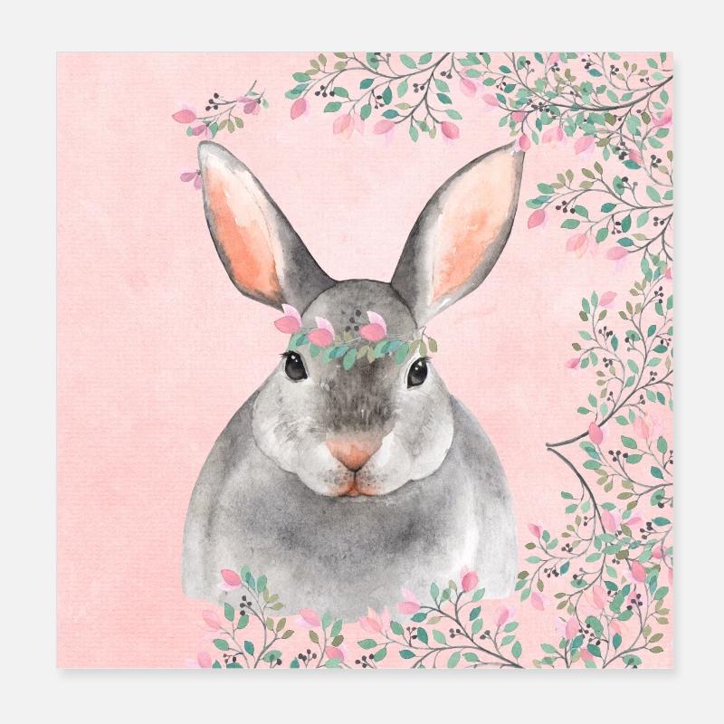 Amis de la forêt dans la forêt de fleurs roses - le lièvre - Poster 20 x 20 cm - blanc