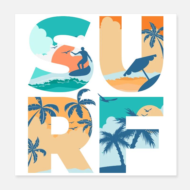 SURF Dété Plage Vagues Surf - Idée cadeau Poster 20 x 20 cm