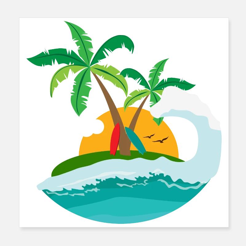Surfing - Sunset beach palm and wave Poster 8" x 8" (20x20 cm)