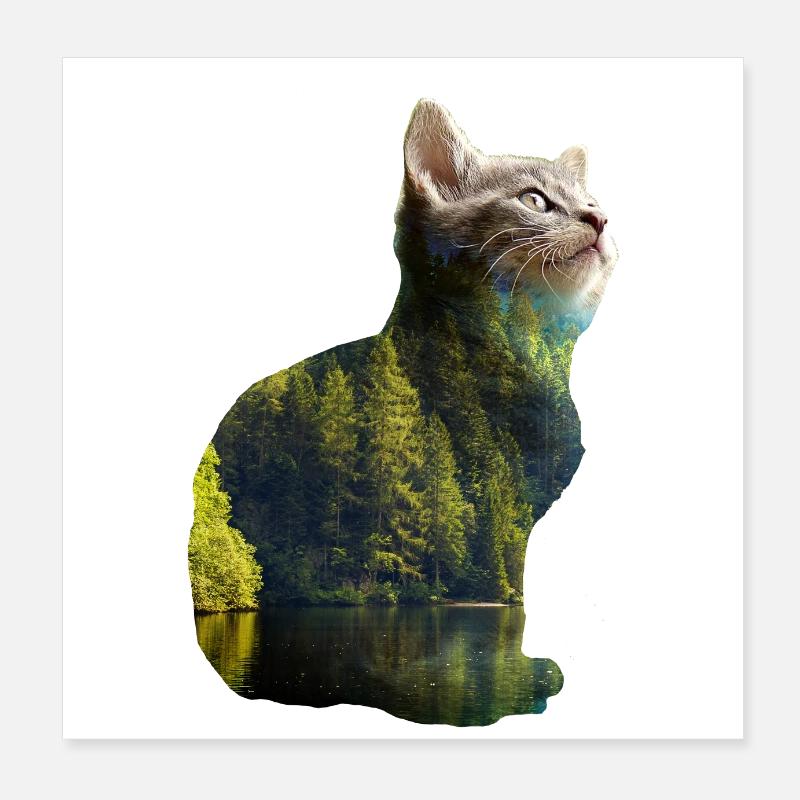 Double Exposure Animals Cat Nature - Gift Idea Poster 8" x 8" (20x20 cm)