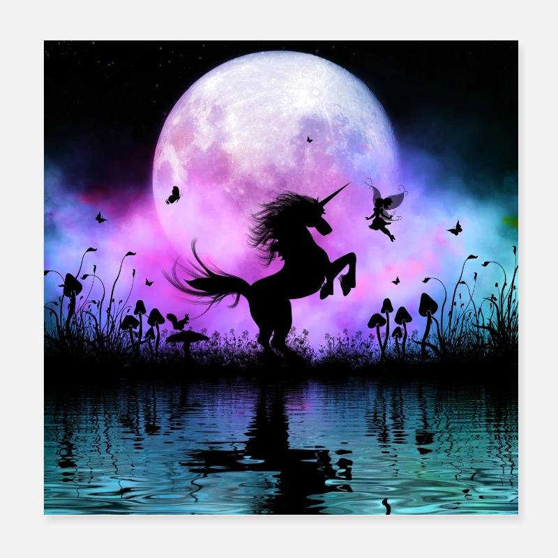 Wunderbares Einhorn mit Fee nachts Poster 20x20 cm