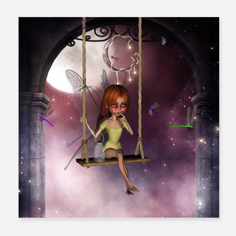 Kleine Fee auf einer Schaukel mit Libelle Poster 20x20 cm