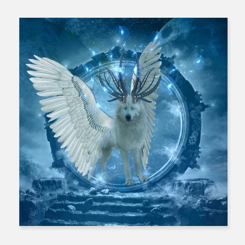 Loup blanc impressionnant avec des ailes Poster 20 x 20 cm