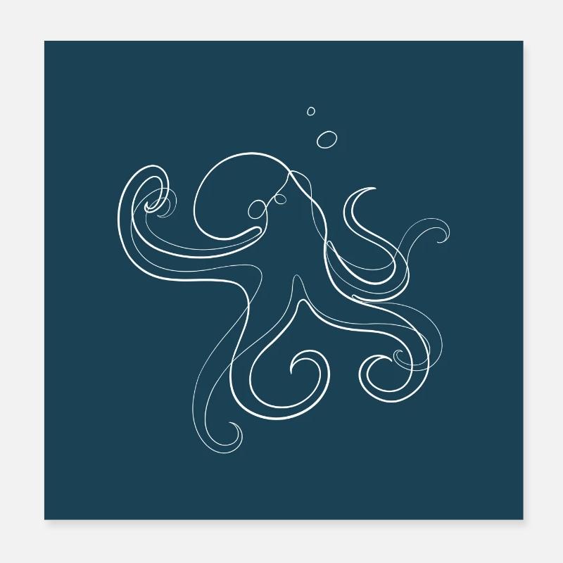 Oktopus Line Art blau - Poster 20x20 cm - Weiß