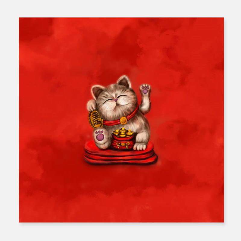 Maneki-neko Winkende Katze auf Rot Poster 20x20 cm