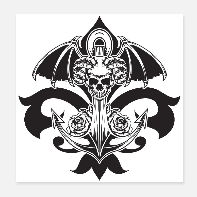 Ancre Tête de mort corne de bélier roses Poster 20 x 20 cm