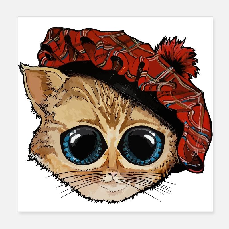 Cute Cat Head with Scottish Hat Poster 8" x 8" (20x20 cm)