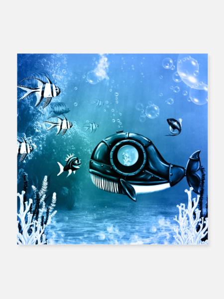 Unterwasserwelt mit Fantasiefischen. - Poster 20x20 cm - Weiß