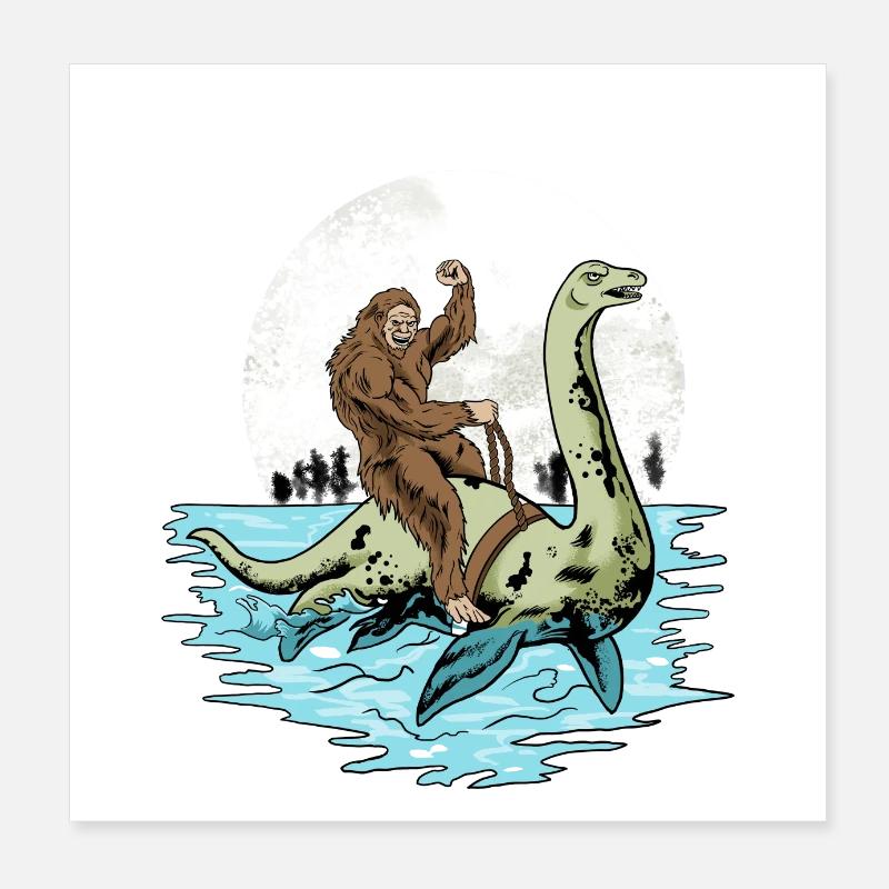 Bigfoot rides Loch Ness monster Poster 8" x 8" (20x20 cm)