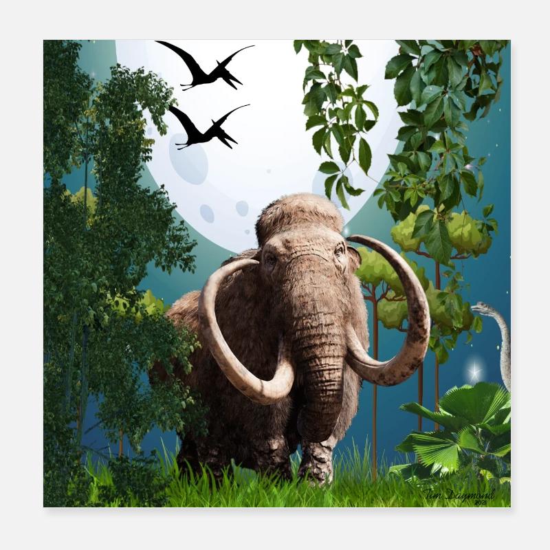 Moonlit Mammoth in Jungle Night Poster 8" x 8" (20x20 cm)